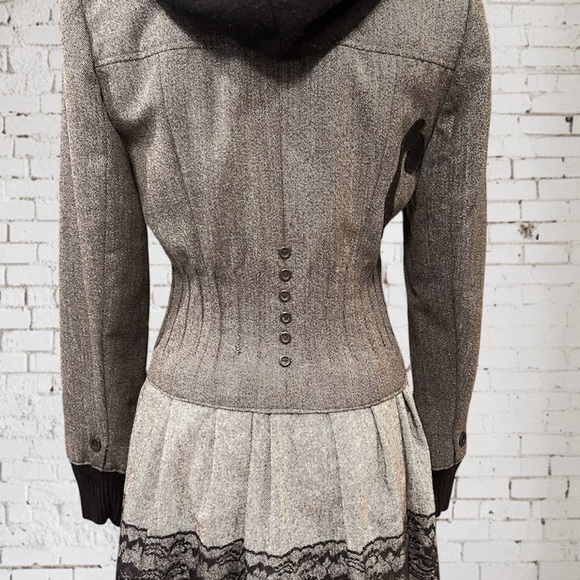 100% Wool Gray Black Lace with Hoodie Pleated Jacket Pea Coat Double Breasted - Picture 5 of 10